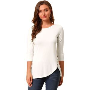 3/4 Sleeve Round Neck Button Decor Stretchy Tunic Tops White